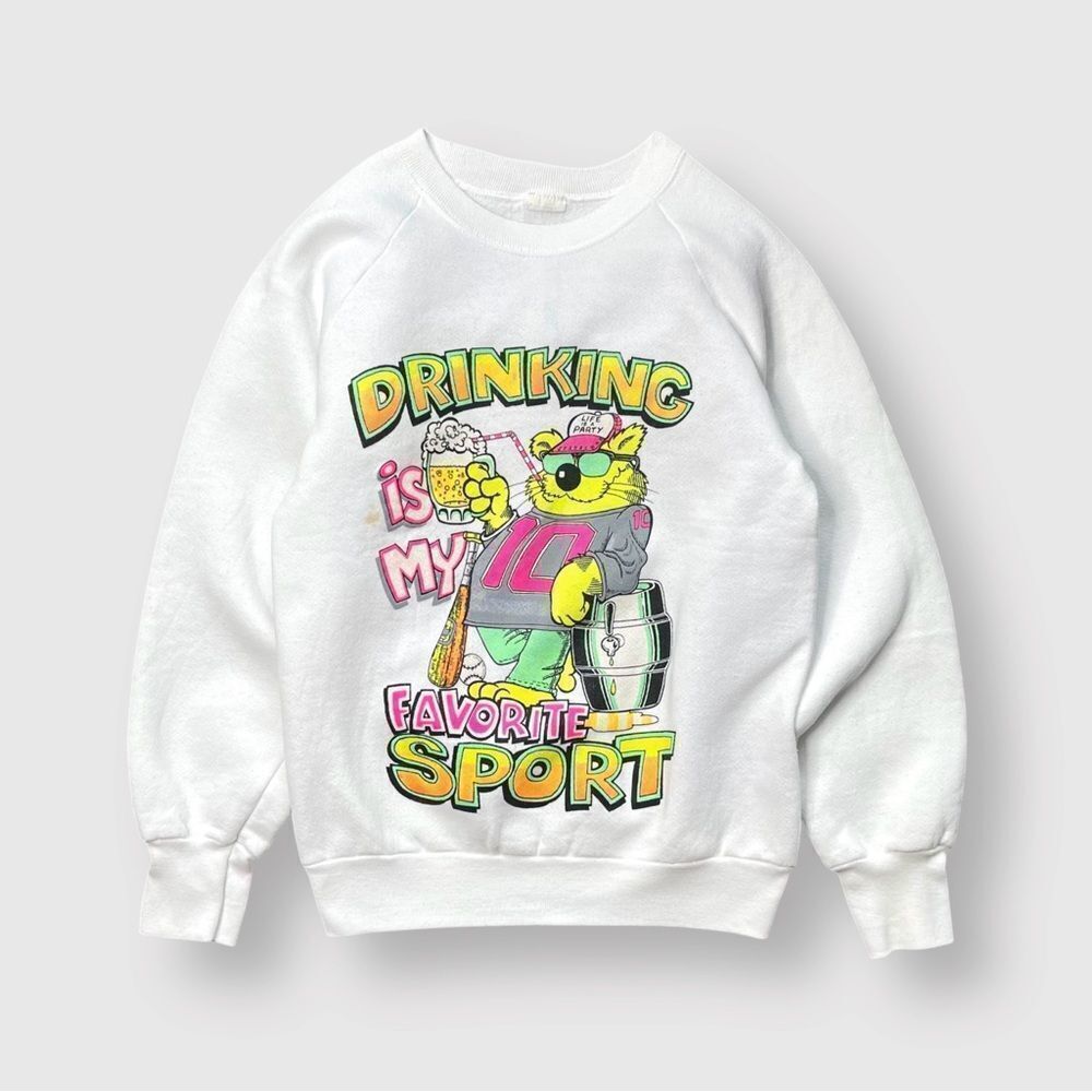 Vtg 80s Fruit Loom Drinking Is My Favorite Sport Sweatshirt, Neon Beer Party S